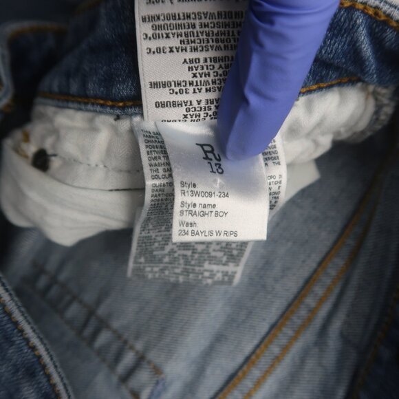 R13 Boy Straight Jeans in Bayliss w Rips Size 25 - Picture 10 of 15